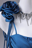 Elegant Blue Satin Ruched Bodice Evening Dress with Train HZ0429