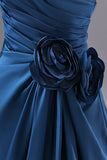 Elegant Blue Satin Ruched Bodice Evening Dress with Train HZ0429