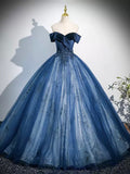 Blue Velvet and Tulle Long Formal Dress, A-Line Off the Shoulder Prom Party Dress HZ0429