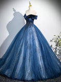 Blue Velvet and Tulle Long Formal Dress, A-Line Off the Shoulder Prom Party Dress HZ0429