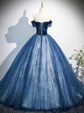 Blue Velvet and Tulle Long Formal Dress, A-Line Off the Shoulder Prom Party Dress HZ0429