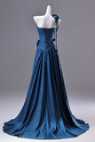 Elegant Blue Satin Ruched Bodice Evening Dress with Train HZ0429