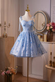 Blue Tulle Lace Short A-Line Prom Party Dress, Cute Spaghetti Strap Homecoming Dress HZ0429