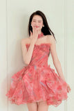 Red Floral Tulle Short Prom Dress, A-Line Sweetheart Neck Party Dress HZ0429