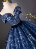 Navy Blue Glitter Printing Prom Dress, A-Line Off the Shoulder Evening Party Dress HZ0429