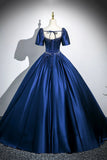 Blue Satin Floor Length Prom Dress, Elegant Short Sleeve Evening Party Dress HZ0429