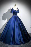 Blue Satin Floor Length Prom Dress, Elegant Short Sleeve Evening Party Dress HZ0429