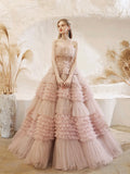 Light Pink Tulle Layers Long Prom Dresses, Beautiful Tulle Sweet 16 Dresses HZ0429