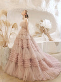 Light Pink Tulle Layers Long Prom Dresses, Beautiful Tulle Sweet 16 Dresses HZ0429