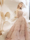 Light Pink Tulle Layers Long Prom Dresses, Beautiful Tulle Sweet 16 Dresses HZ0429