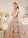 Light Pink Tulle Layers Long Prom Dresses, Beautiful Tulle Sweet 16 Dresses HZ0429