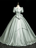 Green Satin Long Prom Dress, Beautiful A-Line Short Sleeve Evening Dress HZ0429