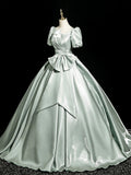 Green Satin Long Prom Dress, Beautiful A-Line Short Sleeve Evening Dress HZ0429