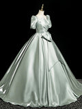 Green Satin Long Prom Dress, Beautiful A-Line Short Sleeve Evening Dress HZ0429
