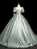 Green Satin Long Prom Dress, Beautiful A-Line Short Sleeve Evening Dress HZ0429