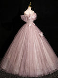 Pink Tulle Floor Length Prom Dress with Flowers, Beautiful Off the Shoulder Party Dress HZ0429