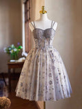 Gray Tulle Sequins Short Party Dress, Cute Spaghetti Strap Backless Evening Dress HZ0429