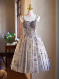 Gray Tulle Sequins Short Party Dress, Cute Spaghetti Strap Backless Evening Dress HZ0429