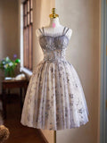 Gray Tulle Sequins Short Party Dress, Cute Spaghetti Strap Backless Evening Dress HZ0429