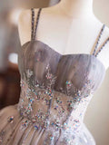Gray Tulle Sequins Short Party Dress, Cute Spaghetti Strap Backless Evening Dress HZ0429