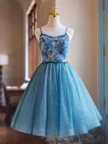 Blue Rhinestone Printing and Tulle Short Homecoming Dress, Beautiful Spaghetti Straps Sleeveless Backless Party Dress HZ0429
