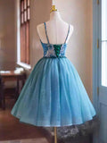 Blue Rhinestone Printing and Tulle Short Homecoming Dress, Beautiful Spaghetti Straps Sleeveless Backless Party Dress HZ0429