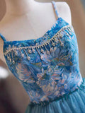 Blue Rhinestone Printing and Tulle Short Homecoming Dress, Beautiful Spaghetti Straps Sleeveless Backless Party Dress HZ0429