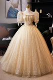 Champagne Tulle Sequins Long Prom Dress, A-Line Short Sleeve Evening Party Dress HZ0429