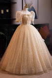 Champagne Tulle Sequins Long Prom Dress, A-Line Short Sleeve Evening Party Dress HZ0429