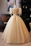 Champagne Tulle Sequins Long Prom Dress, A-Line Short Sleeve Evening Party Dress HZ0429