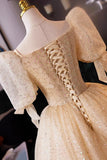 Champagne Tulle Sequins Long Prom Dress, A-Line Short Sleeve Evening Party Dress HZ0429