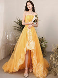 A-Line Orange Strapless Tulle Lace Long Prom Dress, Beautiful Hight Low Evening Party Dress HZ0429