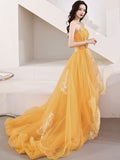 A-Line Orange Strapless Tulle Lace Long Prom Dress, Beautiful Hight Low Evening Party Dress HZ0429