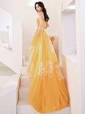 A-Line Orange Strapless Tulle Lace Long Prom Dress, Beautiful Hight Low Evening Party Dress HZ0429