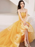 A-Line Orange Strapless Tulle Lace Long Prom Dress, Beautiful Hight Low Evening Party Dress HZ0429