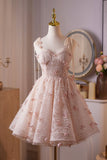 Pink Tulle Lace Short A-Line Prom Party Dress, Cute Spaghetti Strap Homecoming Dress HZ0429