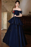 Navy Off-the-Shoulder Velvet Long Prom Dress, Tiered A-Line Formal Gown HZ0429