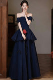 Navy Off-the-Shoulder Velvet Long Prom Dress, Tiered A-Line Formal Gown HZ0429