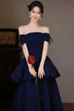 Navy Off-the-Shoulder Velvet Long Prom Dress, Tiered A-Line Formal Gown HZ0429