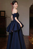 Navy Off-the-Shoulder Velvet Long Prom Dress, Tiered A-Line Formal Gown HZ0429