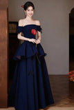 Navy Off-the-Shoulder Velvet Long Prom Dress, Tiered A-Line Formal Gown HZ0429