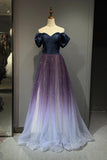 Navy Blue Bodice Ombre Tulle Prom Dress Off Shoulder Puff Sleeve Glitter Evening Gown HZ0429