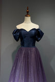 Navy Blue Bodice Ombre Tulle Prom Dress Off Shoulder Puff Sleeve Glitter Evening Gown HZ0429