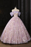 Lavender Off Shoulder Floral Sequins Ball Gown for Party and Prom HZ0429