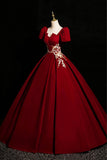 Burgundy Velvet Lace Long Prom Dress, A-Line Short Sleeve Evening Party Dress HZ0429