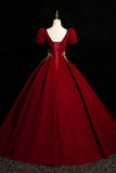 Burgundy Velvet Lace Long Prom Dress, A-Line Short Sleeve Evening Party Dress HZ0429