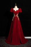 Burgundy Velvet Lace Long Prom Dress, A-Line Short Sleeve Evening Party Dress HZ0429