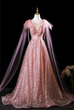 A-Line Shiny Tulle Sequins Long Prom Dress, Pink Evening Party Dress HZ0429