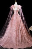 A-Line Shiny Tulle Sequins Long Prom Dress, Pink Evening Party Dress HZ0429