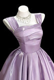 Lilac Satin Square Neck Prom Dress Wide Strap Pleated Skirt Party Gown HZ0429